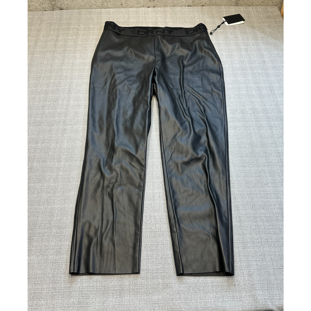 DKNY Faux Leather Pants Womens XL Black Pullon Side Zip Vegan Moto‎ Goth*